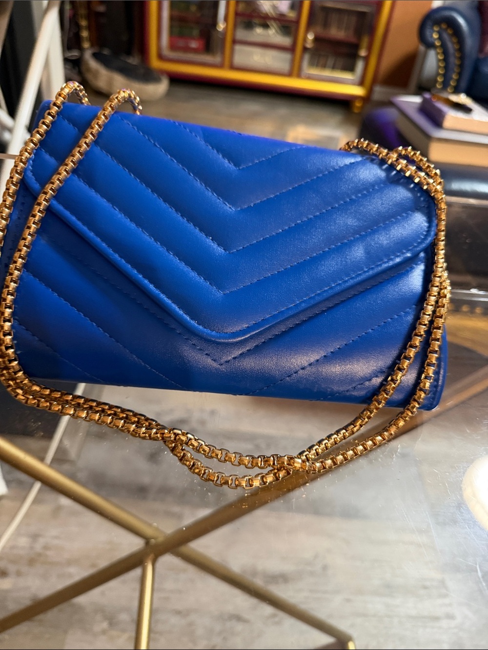 Blue Quilted Crossbody Bag with Gold Chain
